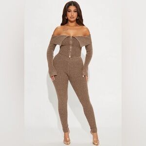 Fashion Nova Off-Shoulder Ribbed Jumpsuit - Brown